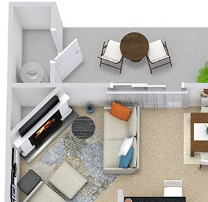 3D Bexley 3d bexley 1 bedroom apartment. kitchen with peninsula island. open to dining-living area. wood burning fireplace. full bath. in-unit laundry. patio/balcony.